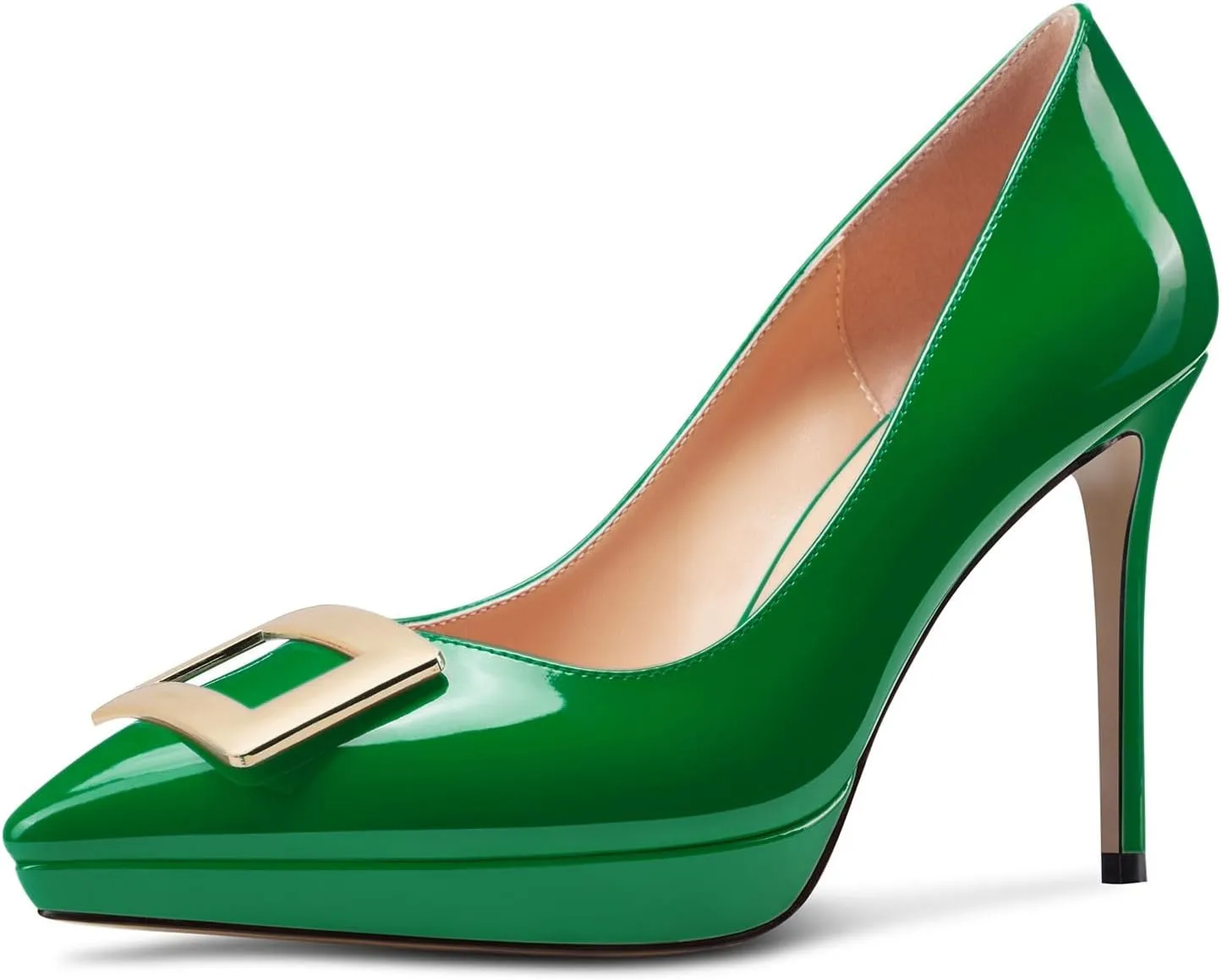 Saekcted Womens Stiletto High Platform Heel Pointed Toe Pumps Slip-on Buckle Office Basic Classic Summer Patent Leather 4.7 Inches Heels