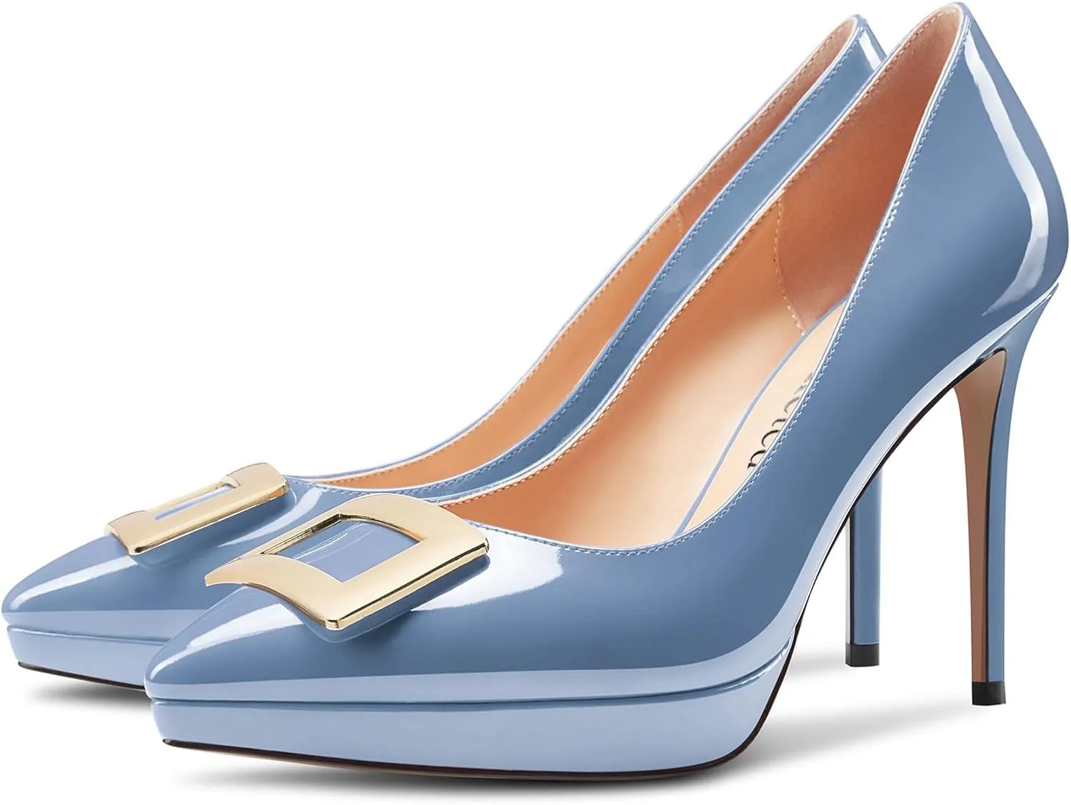 Saekcted Womens Stiletto High Platform Heel Pointed Toe Pumps Slip-on Buckle Office Basic Classic Summer Patent Leather 4.7 Inches Heels