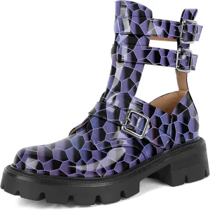 SAMMITOP Women Lug Sole Low Heel Ankle Boots Fashion Round Toe Cutout Combat Boots Metal Buckle Goth Ankle Booties 2 Inch