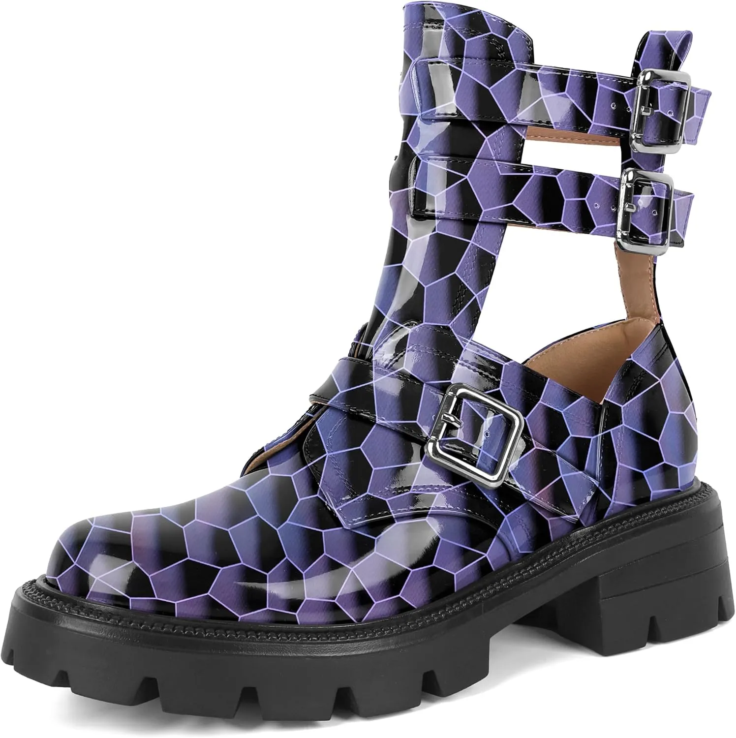 SAMMITOP Women Lug Sole Low Heel Ankle Boots Fashion Round Toe Cutout Combat Boots Metal Buckle Goth Ankle Booties 2 Inch