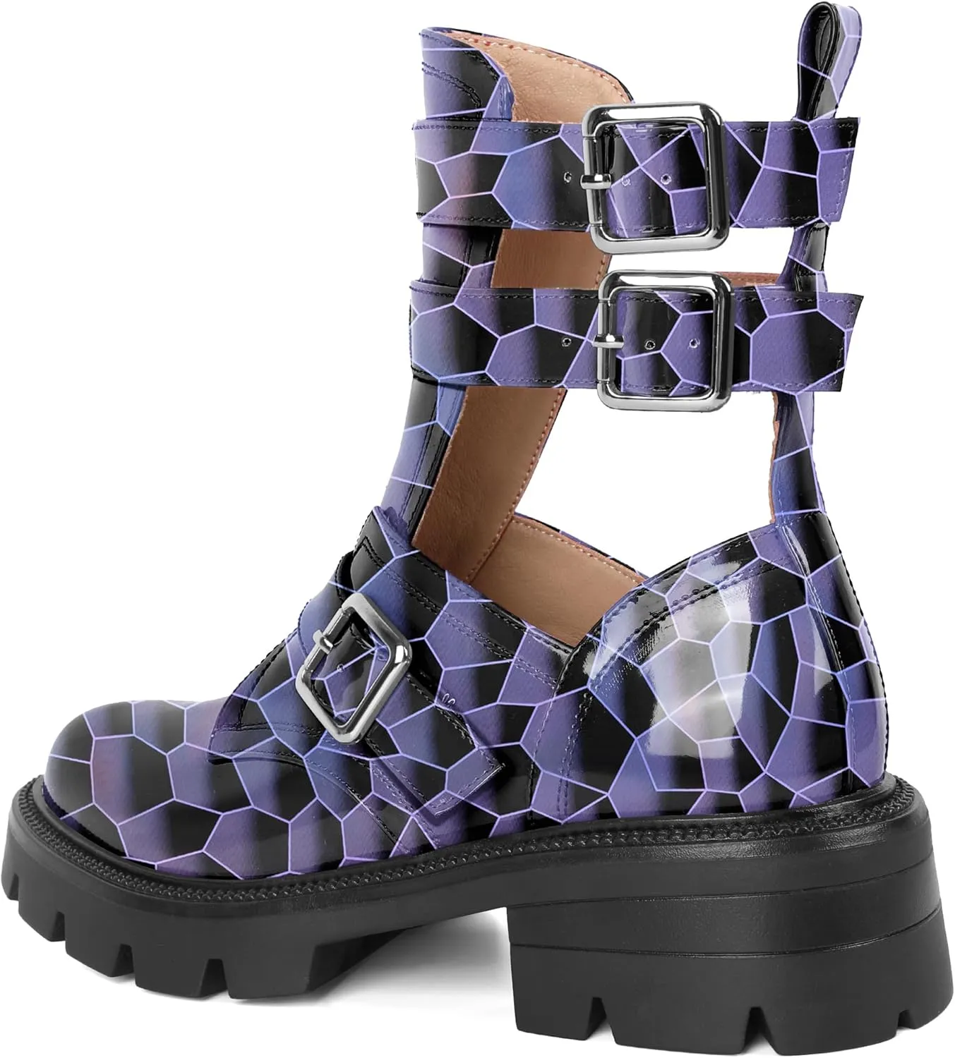 SAMMITOP Women Lug Sole Low Heel Ankle Boots Fashion Round Toe Cutout Combat Boots Metal Buckle Goth Ankle Booties 2 Inch