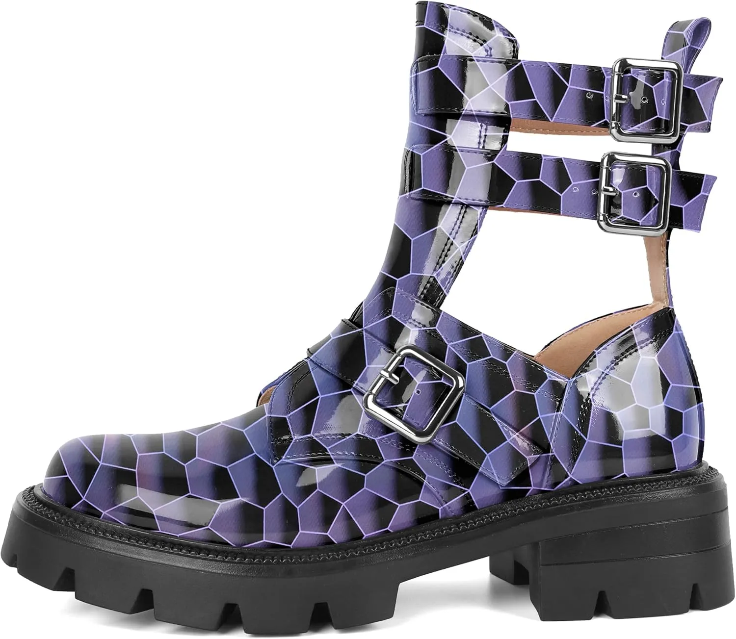 SAMMITOP Women Lug Sole Low Heel Ankle Boots Fashion Round Toe Cutout Combat Boots Metal Buckle Goth Ankle Booties 2 Inch