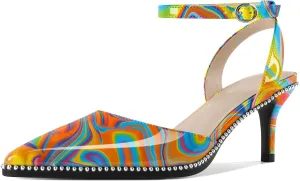 SAMMITOP Womens Slingback Kitten Heels Pointed Toe Low Heel Ankle Strap Pumps Slip On Comfortable Wedding Party Beaded Dress Shoes 2.4 Inch
