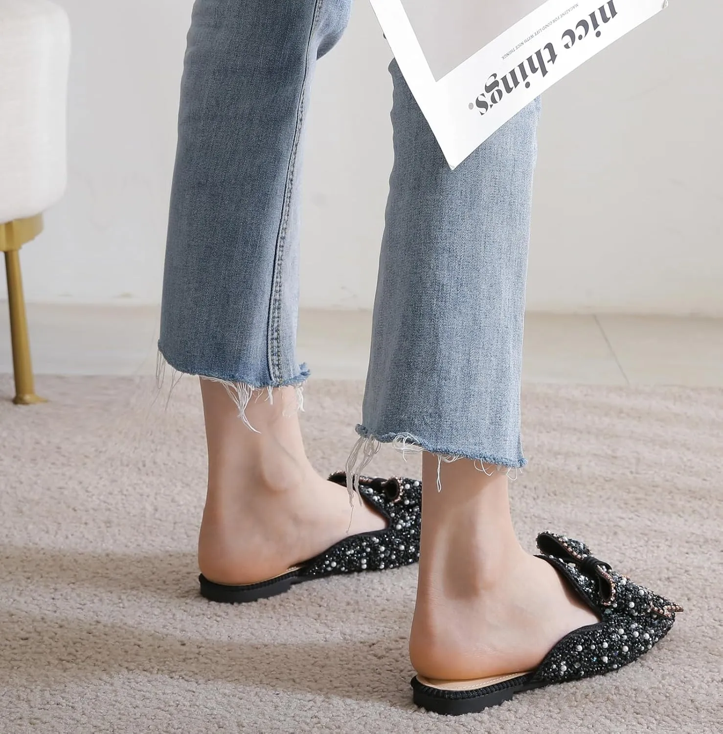 SANIOOOI Women's Pearl Rhinestone Bow Mules,Glitter Square Toe Slip on Flat Ladies Sparkly Baotou Clogs Slippers