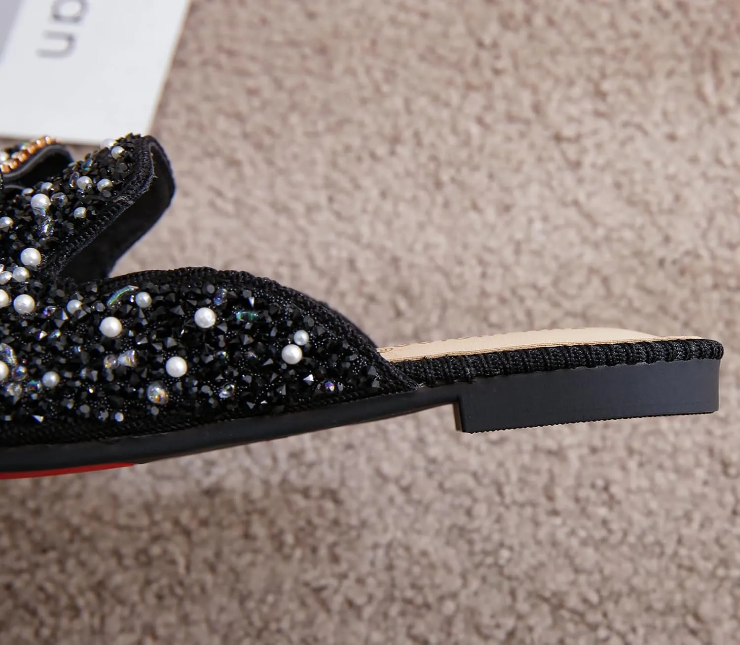 SANIOOOI Women's Pearl Rhinestone Bow Mules,Glitter Square Toe Slip on Flat Ladies Sparkly Baotou Clogs Slippers