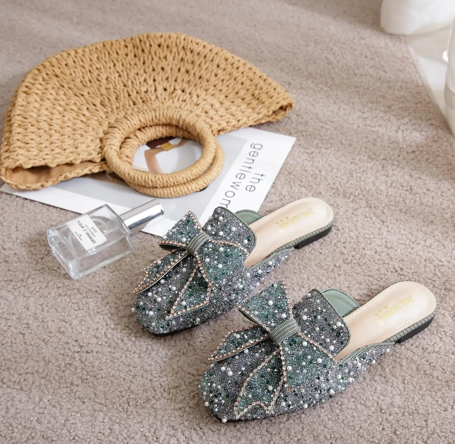 SANIOOOI Women's Pearl Rhinestone Bow Mules,Glitter Square Toe Slip on Flat Ladies Sparkly Baotou Clogs Slippers