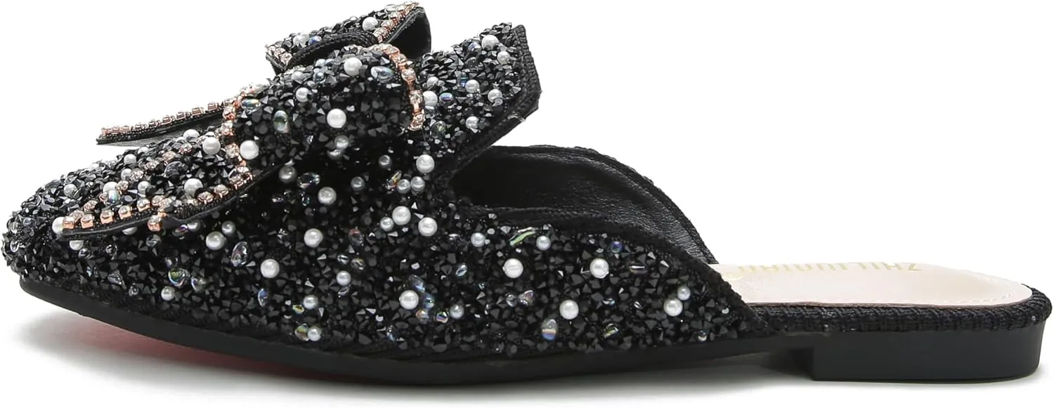 SANIOOOI Women's Pearl Rhinestone Bow Mules,Glitter Square Toe Slip on Flat Ladies Sparkly Baotou Clogs Slippers