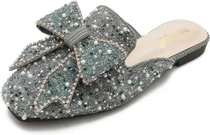 SANIOOOI Women's Pearl Rhinestone Bow Mules,Glitter Square Toe Slip on Flat Ladies Sparkly Baotou Clogs Slippers