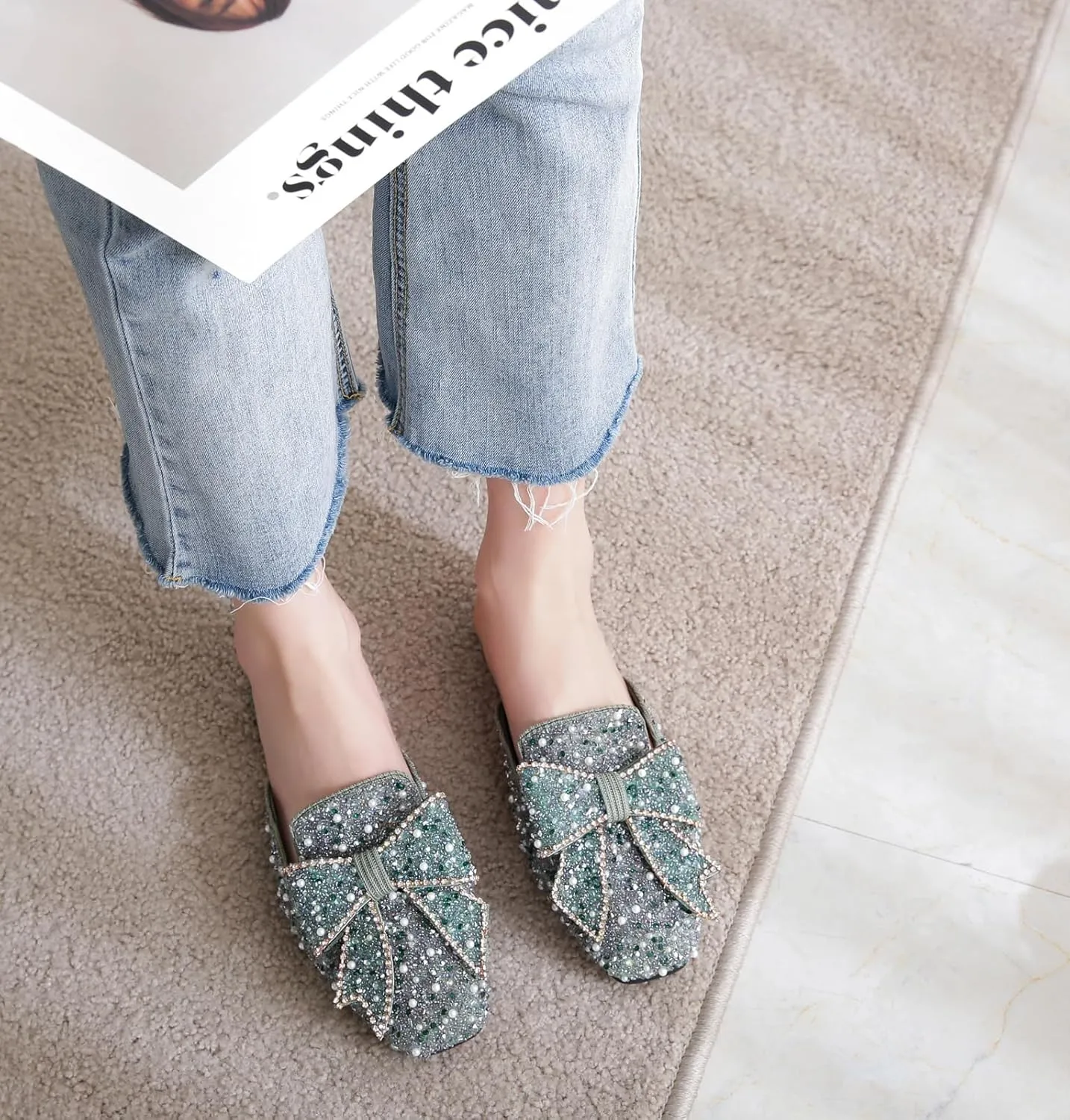 SANIOOOI Women's Pearl Rhinestone Bow Mules,Glitter Square Toe Slip on Flat Ladies Sparkly Baotou Clogs Slippers