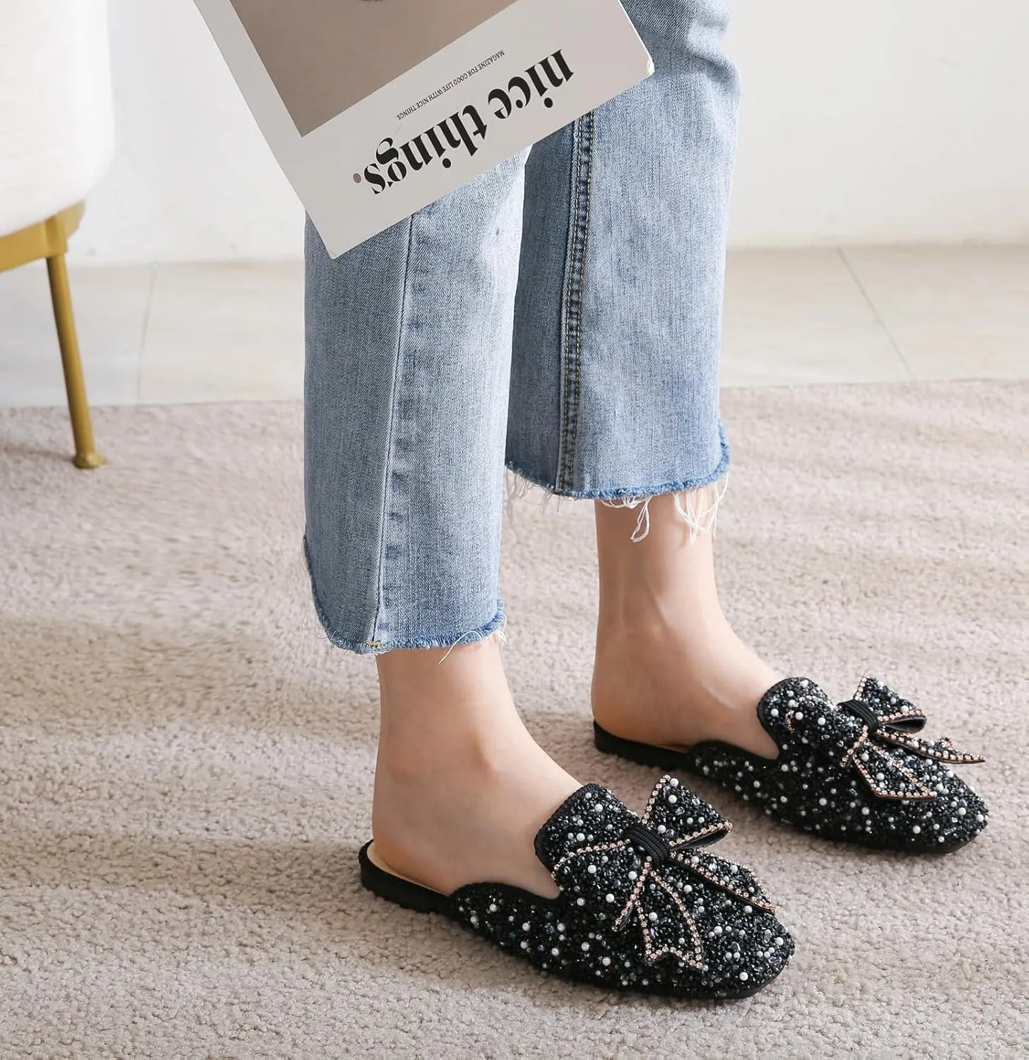 SANIOOOI Women's Pearl Rhinestone Bow Mules,Glitter Square Toe Slip on Flat Ladies Sparkly Baotou Clogs Slippers
