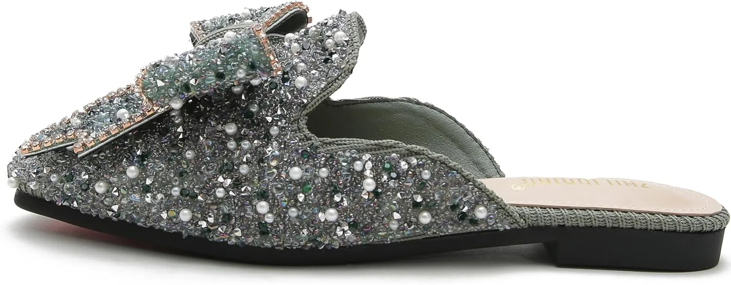 SANIOOOI Women's Pearl Rhinestone Bow Mules,Glitter Square Toe Slip on Flat Ladies Sparkly Baotou Clogs Slippers