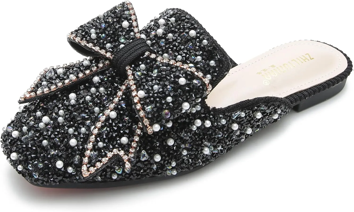 SANIOOOI Women's Pearl Rhinestone Bow Mules,Glitter Square Toe Slip on Flat Ladies Sparkly Baotou Clogs Slippers