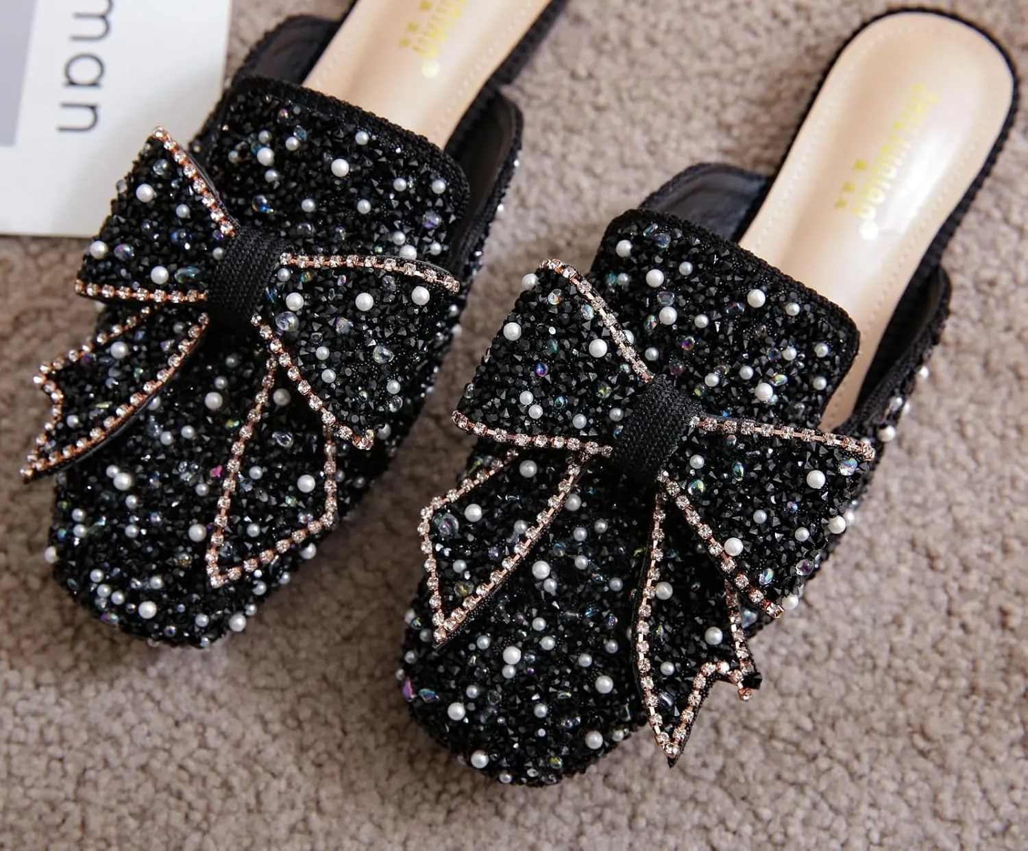 SANIOOOI Women's Pearl Rhinestone Bow Mules,Glitter Square Toe Slip on Flat Ladies Sparkly Baotou Clogs Slippers