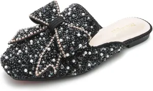 SANIOOOI Women's Pearl Rhinestone Bow Mules,Glitter Square Toe Slip on Flat Ladies Sparkly Baotou Clogs Slippers