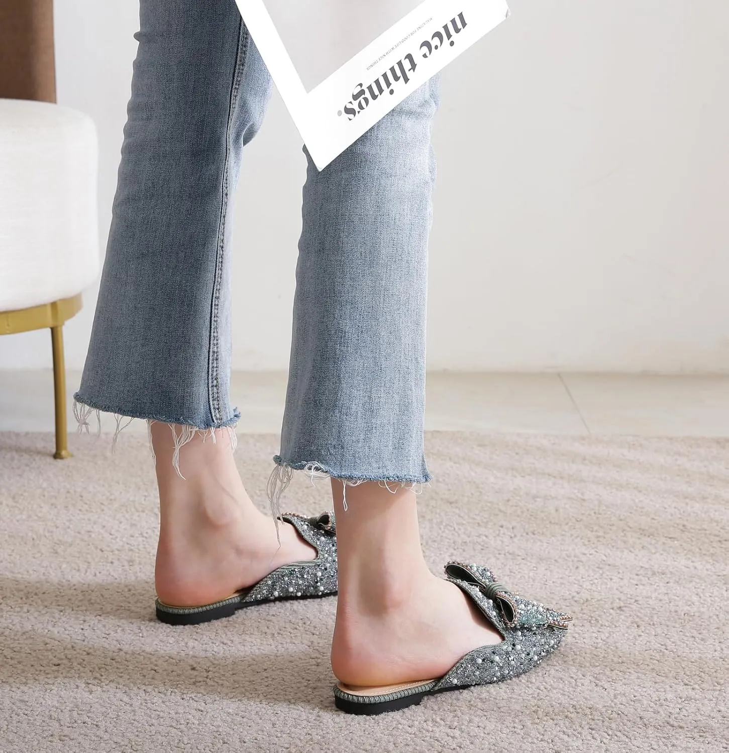 SANIOOOI Women's Pearl Rhinestone Bow Mules,Glitter Square Toe Slip on Flat Ladies Sparkly Baotou Clogs Slippers