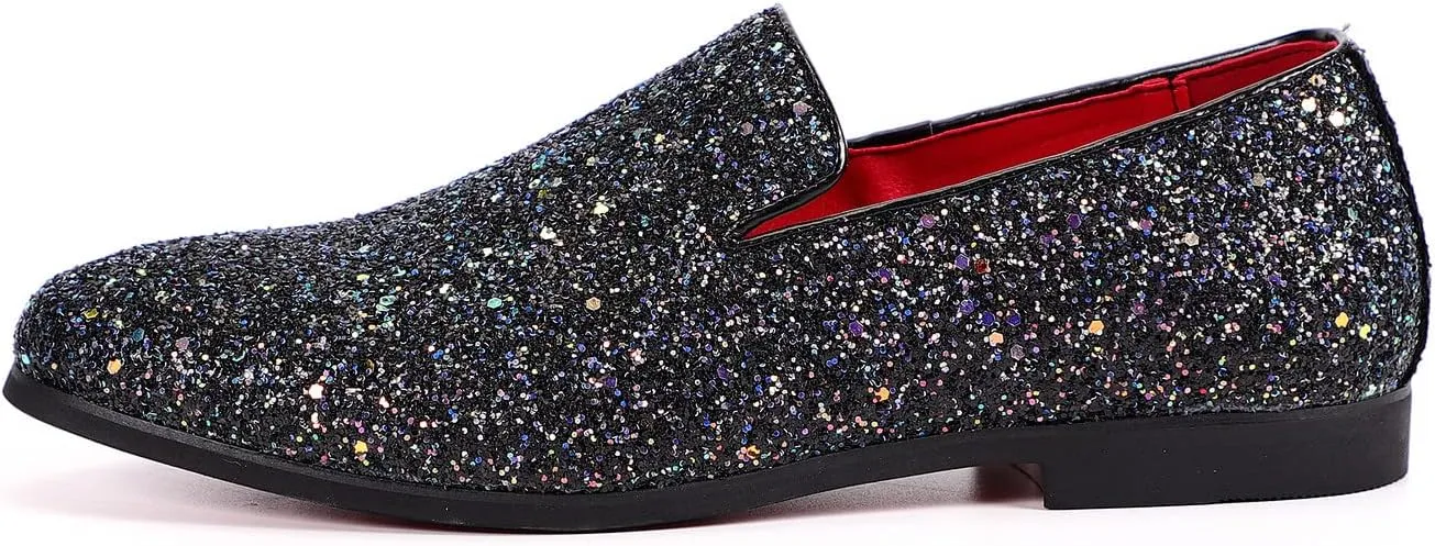 Santimon Mens Glitter Loafers Slip-On Dress Shoes – Sparkly Tuxedo & Suit Shoes for Weddings, Parties, and Formal Events