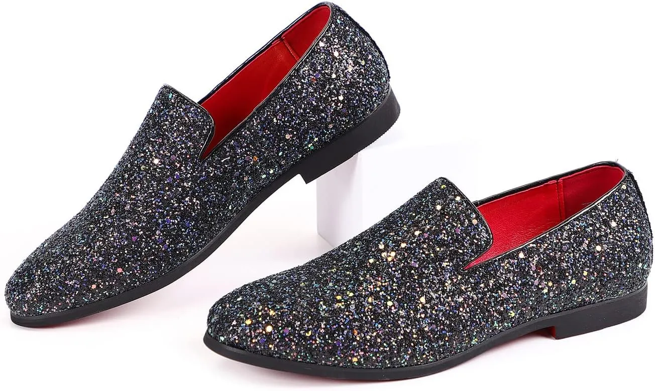 Santimon Mens Glitter Loafers Slip-On Dress Shoes – Sparkly Tuxedo & Suit Shoes for Weddings, Parties, and Formal Events