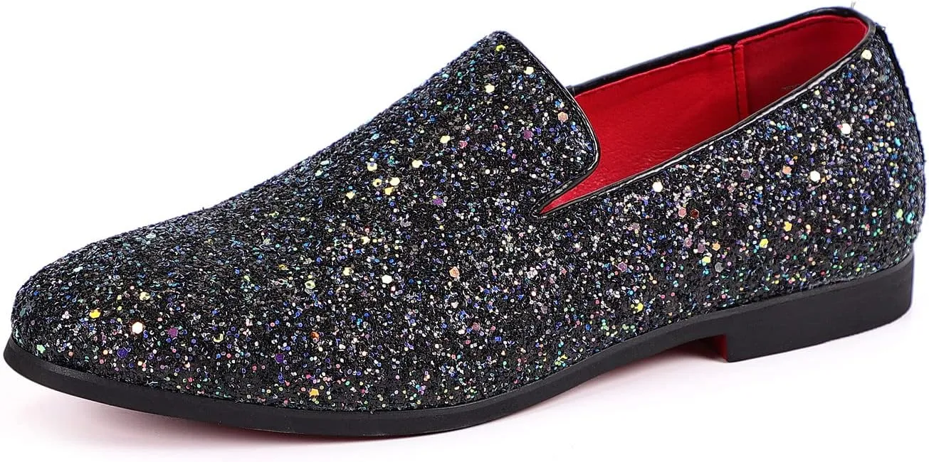 Santimon Mens Glitter Loafers Slip-On Dress Shoes – Sparkly Tuxedo & Suit Shoes for Weddings, Parties, and Formal Events