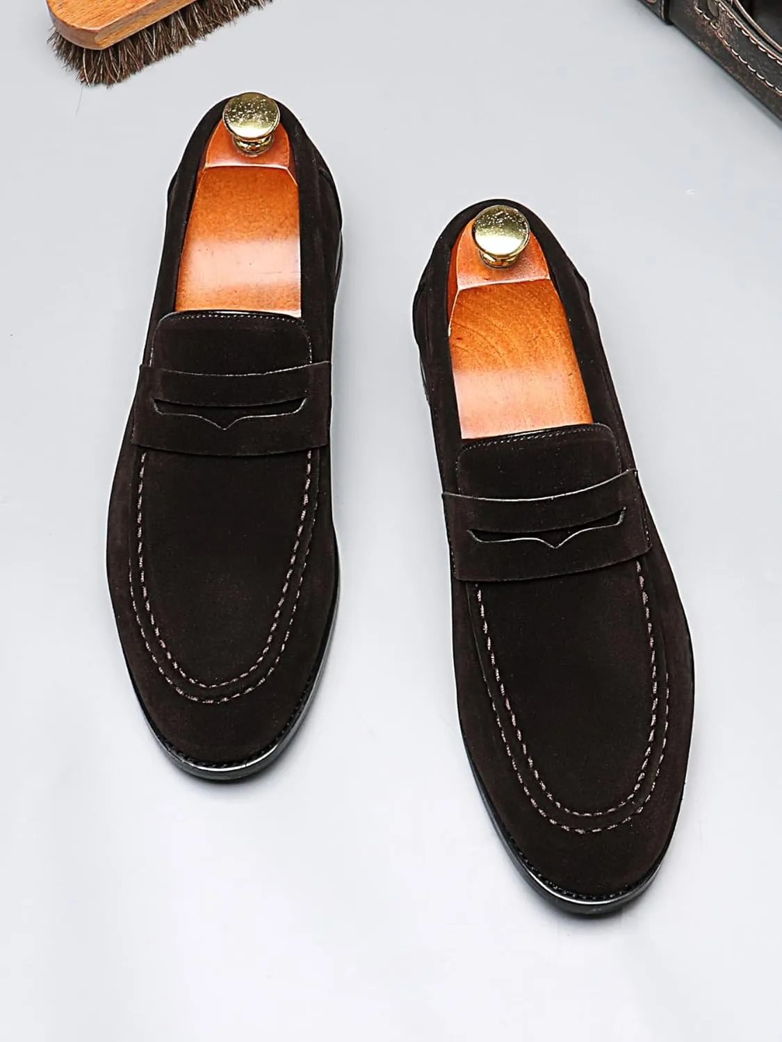 Santimon Penny Loafers for Men, PU Velvet Leather, Moc Toe, Slip-On Dress Casual Office Shoes