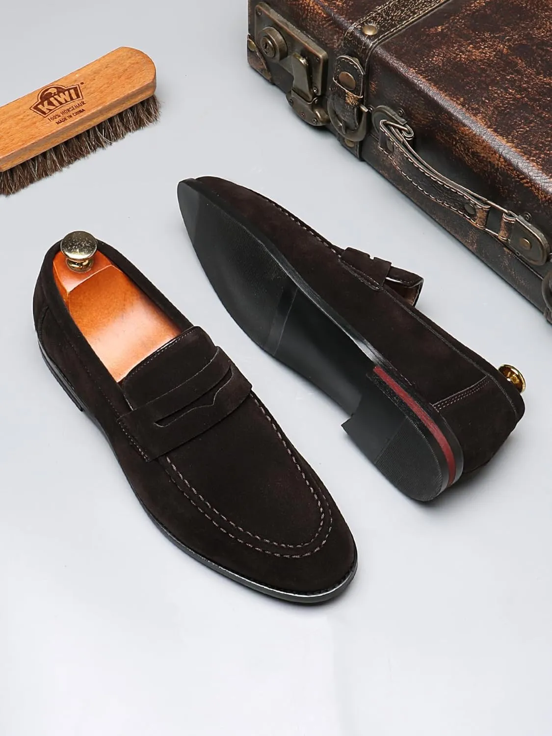 Santimon Penny Loafers for Men, PU Velvet Leather, Moc Toe, Slip-On Dress Casual Office Shoes