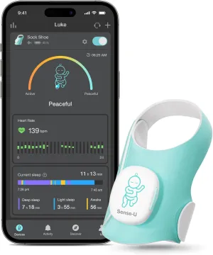 Sense-U Baby Smart Sock Shoe Baby Monitor, Track Sleep Patterns, Heart Rate, Movement for Peace of Mind, Infant Foot Monitor for Better Sleep, FSA/HSA Eligible