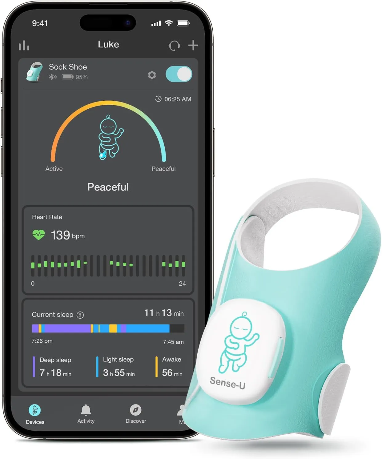 Sense-U Baby Smart Sock Shoe Baby Monitor, Track Sleep Patterns, Heart Rate, Movement for Peace of Mind, Infant Foot Monitor for Better Sleep, FSA/HSA Eligible