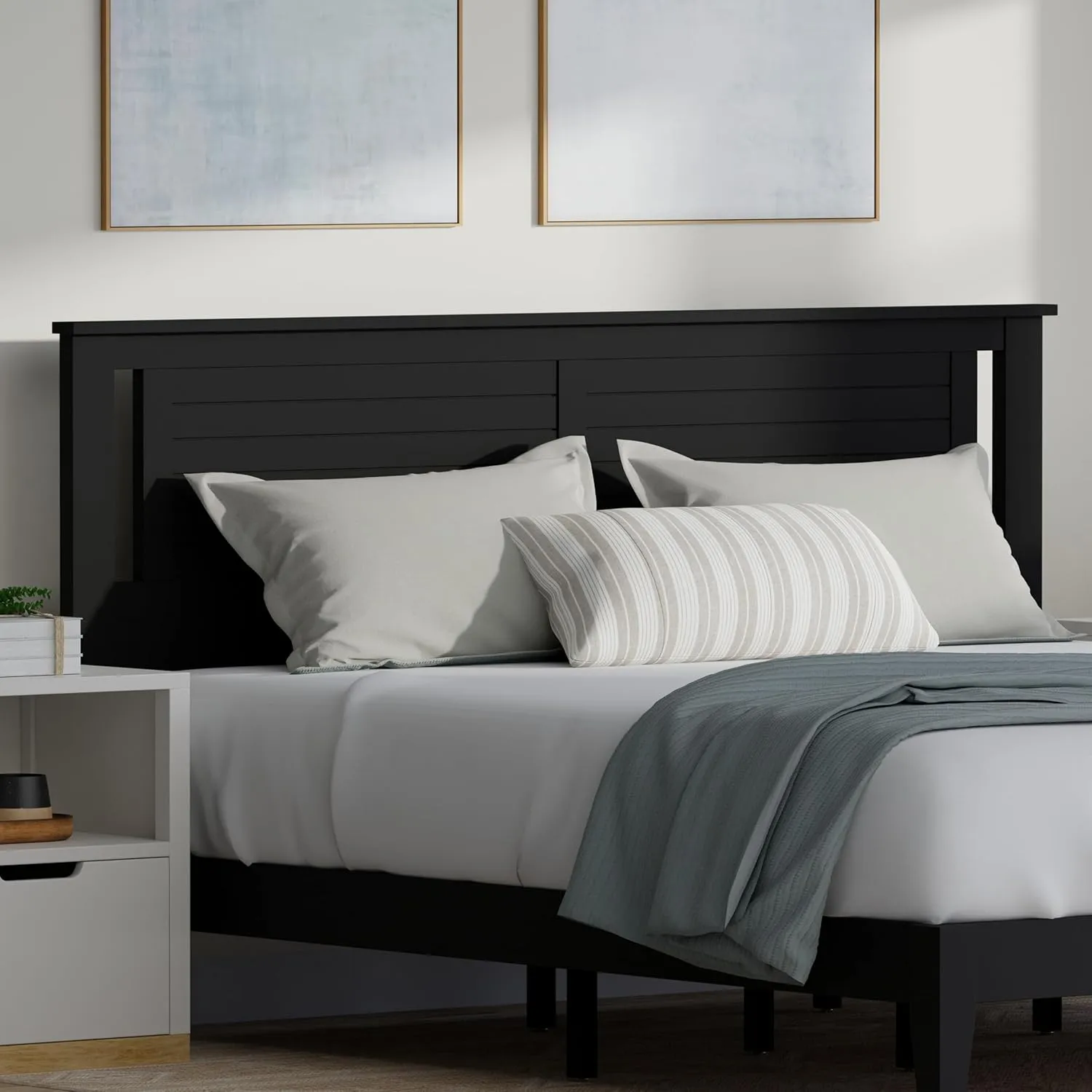 Serene Farmhouse Style Wood Bed Frame in King Size with Horizontal Scoring Headboard, Coastal Modern Design, Sturdy, Easy Assembly, Ample Underbed Storage, Black Finish