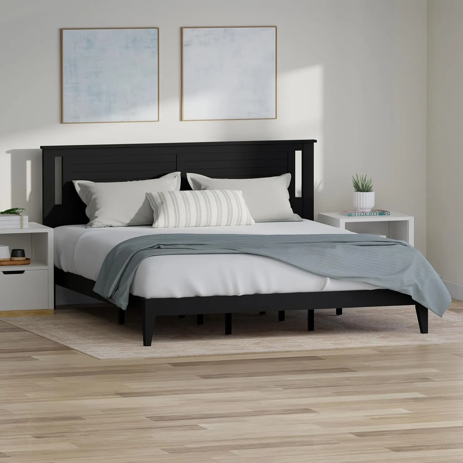 Serene Farmhouse Style Wood Bed Frame in King Size with Horizontal Scoring Headboard, Coastal Modern Design, Sturdy, Easy Assembly, Ample Underbed Storage, Black Finish