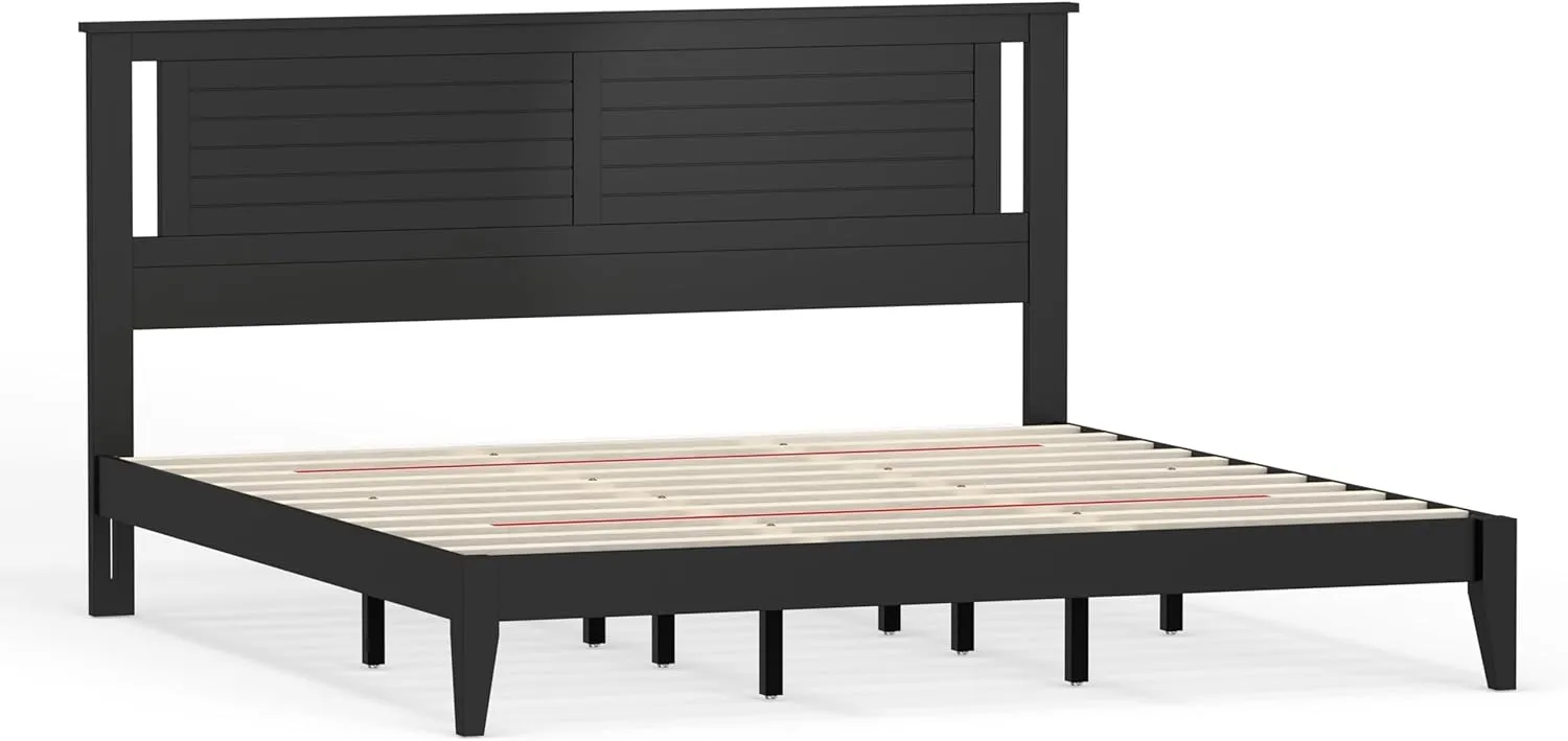 Serene Farmhouse Style Wood Bed Frame in King Size with Horizontal Scoring Headboard, Coastal Modern Design, Sturdy, Easy Assembly, Ample Underbed Storage, Black Finish