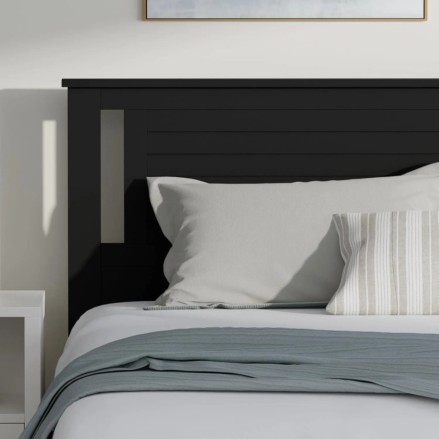 Serene Farmhouse Style Wood Bed Frame in King Size with Horizontal Scoring Headboard, Coastal Modern Design, Sturdy, Easy Assembly, Ample Underbed Storage, Black Finish