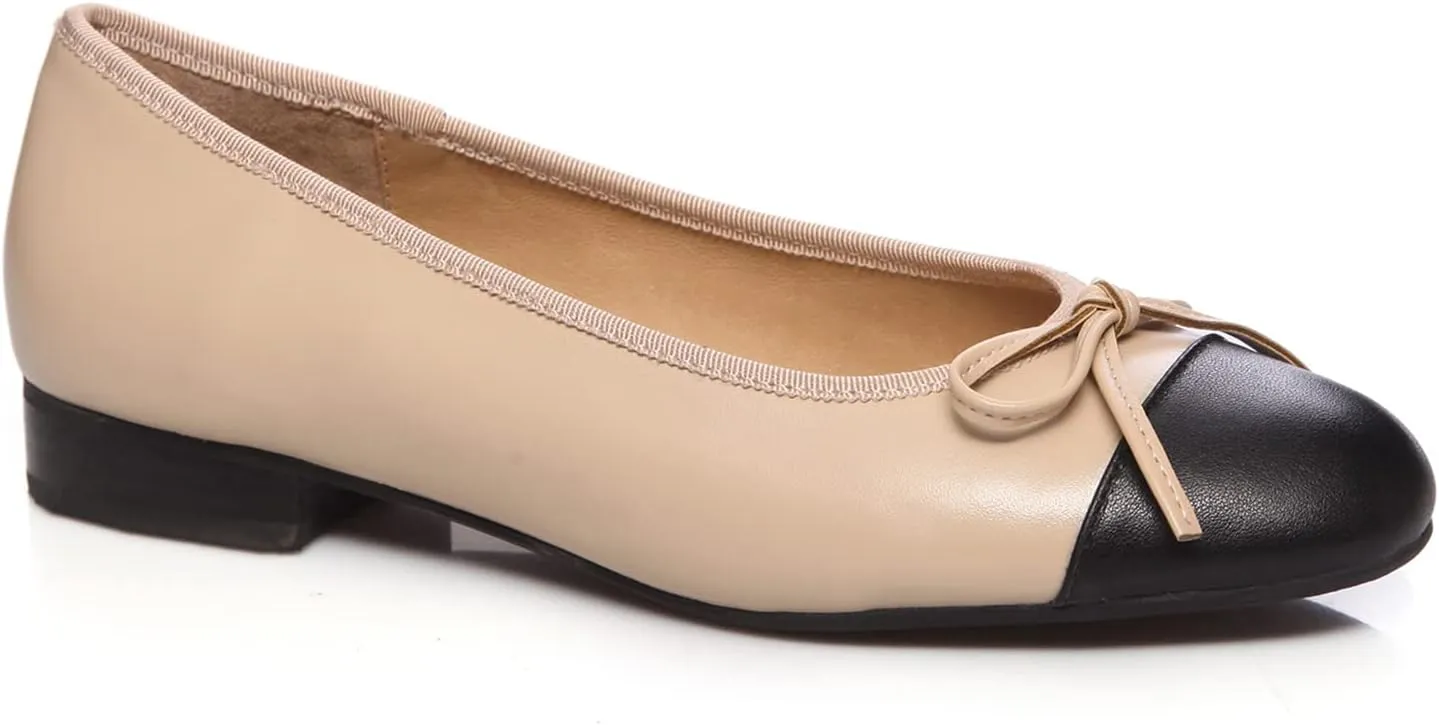 SHODENSE Women Cap Toe Bow Flats Two Tone Slip On Ballet Flats Comfy Closed Round Toe Flats Colorblock 1 Inch Low Flat Heel Dress Shoes Chic Chic Casual Drive Flat Shoes 4-11 M US