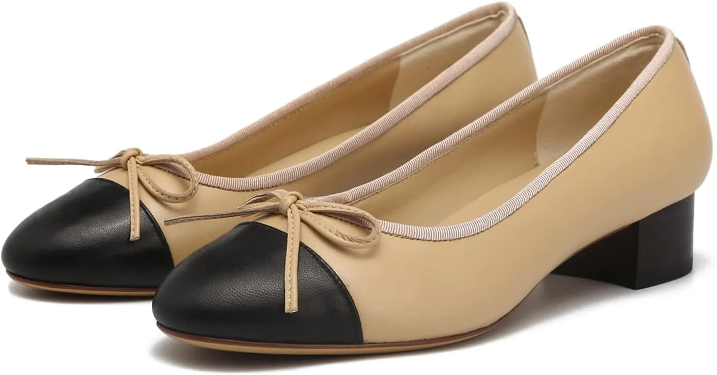 SHODENSE Women Cap Toe Bow Flats Two Tone Slip On Ballet Flats Comfy Closed Round Toe Flats Colorblock 1 Inch Low Flat Heel Dress Shoes Chic Chic Casual Drive Flat Shoes 4-11 M US