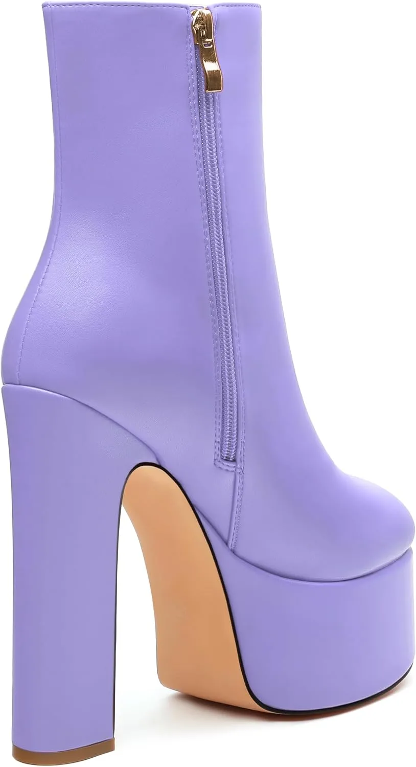 SHOWFOREST Platform Ankle Boots for Women Block High Heel Round Toe 5.9 Inch Short Booties Side Zipper Fashion Wedding Evening Party Fall Shoes