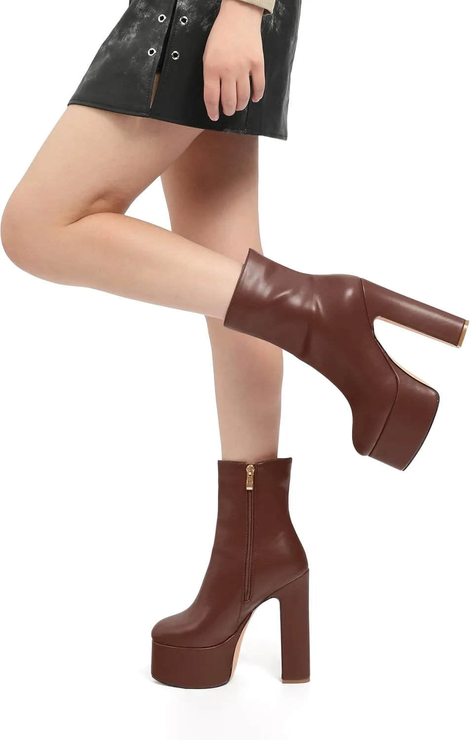 SHOWFOREST Platform Ankle Boots for Women Block High Heel Round Toe 5.9 Inch Short Booties Side Zipper Fashion Wedding Evening Party Fall Shoes