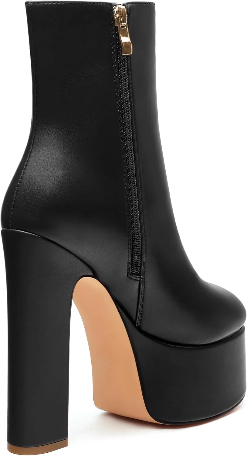 SHOWFOREST Platform Ankle Boots for Women Block High Heel Round Toe 5.9 Inch Short Booties Side Zipper Fashion Wedding Evening Party Fall Shoes