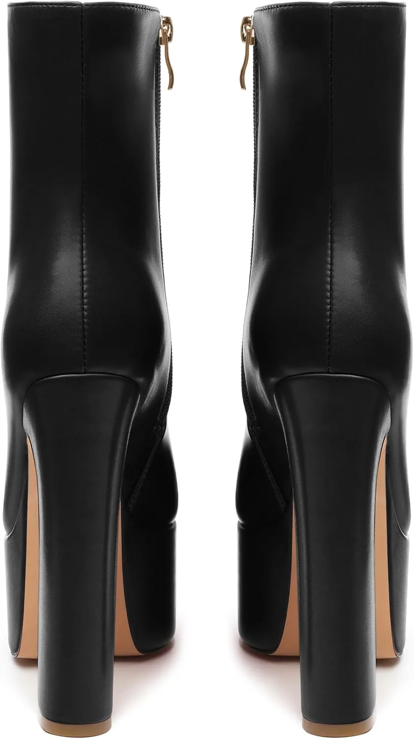SHOWFOREST Platform Ankle Boots for Women Block High Heel Round Toe 5.9 Inch Short Booties Side Zipper Fashion Wedding Evening Party Fall Shoes