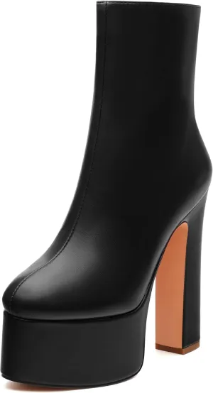 SHOWFOREST Platform Ankle Boots for Women Block High Heel Round Toe 5.9 Inch Short Booties Side Zipper Fashion Wedding Evening Party Fall Shoes