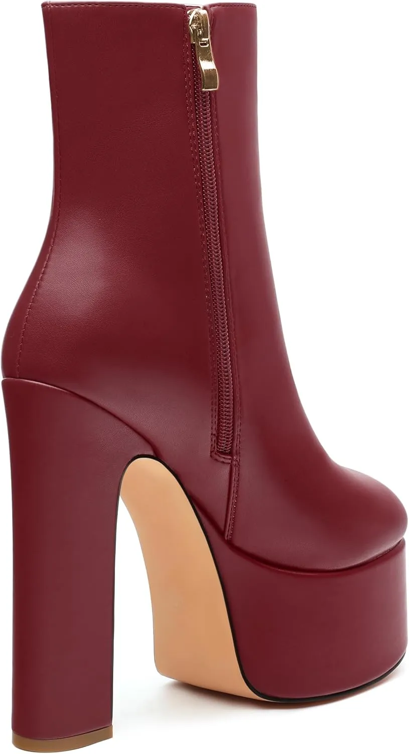 SHOWFOREST Platform Ankle Boots for Women Block High Heel Round Toe 5.9 Inch Short Booties Side Zipper Fashion Wedding Evening Party Fall Shoes