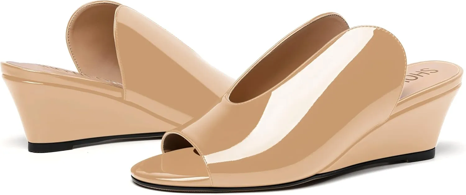 SHOWFOREST Women's Open Toe Casual Solid Slip On Outdoor Round Toe Patent Wedge Low Heel Pumps Shoes 2 Inch