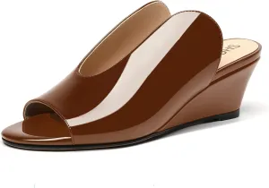 SHOWFOREST Women's Open Toe Casual Solid Slip On Outdoor Round Toe Patent Wedge Low Heel Pumps Shoes 2 Inch