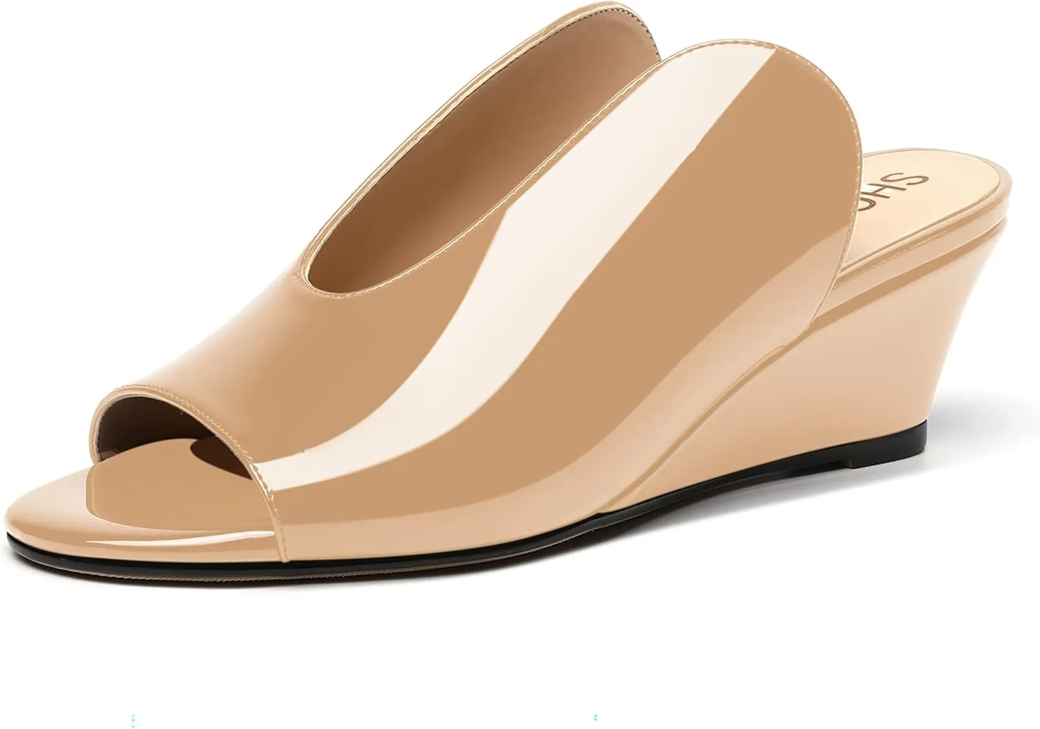 SHOWFOREST Women's Open Toe Casual Solid Slip On Outdoor Round Toe Patent Wedge Low Heel Pumps Shoes 2 Inch