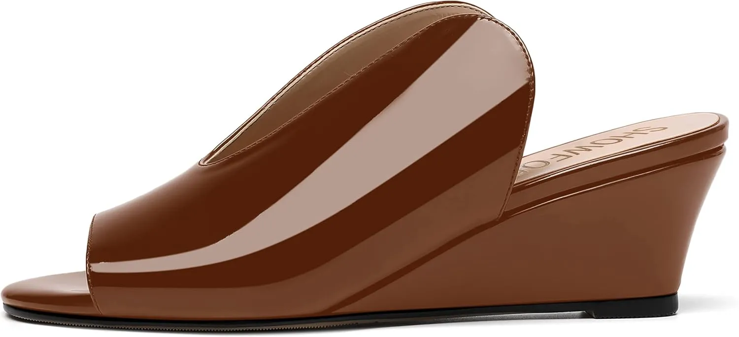 SHOWFOREST Women's Open Toe Casual Solid Slip On Outdoor Round Toe Patent Wedge Low Heel Pumps Shoes 2 Inch
