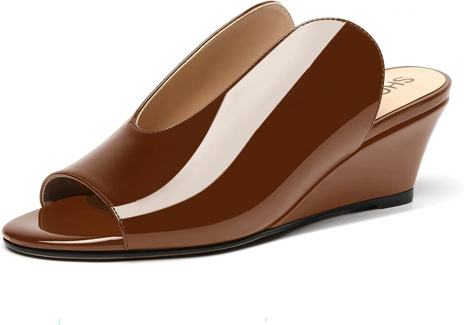 SHOWFOREST Women's Open Toe Casual Solid Slip On Outdoor Round Toe Patent Wedge Low Heel Pumps Shoes 2 Inch
