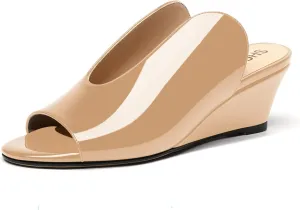 SHOWFOREST Women's Open Toe Casual Solid Slip On Outdoor Round Toe Patent Wedge Low Heel Pumps Shoes 2 Inch