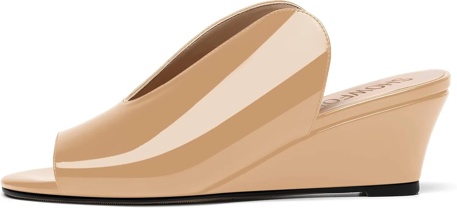 SHOWFOREST Women's Open Toe Casual Solid Slip On Outdoor Round Toe Patent Wedge Low Heel Pumps Shoes 2 Inch