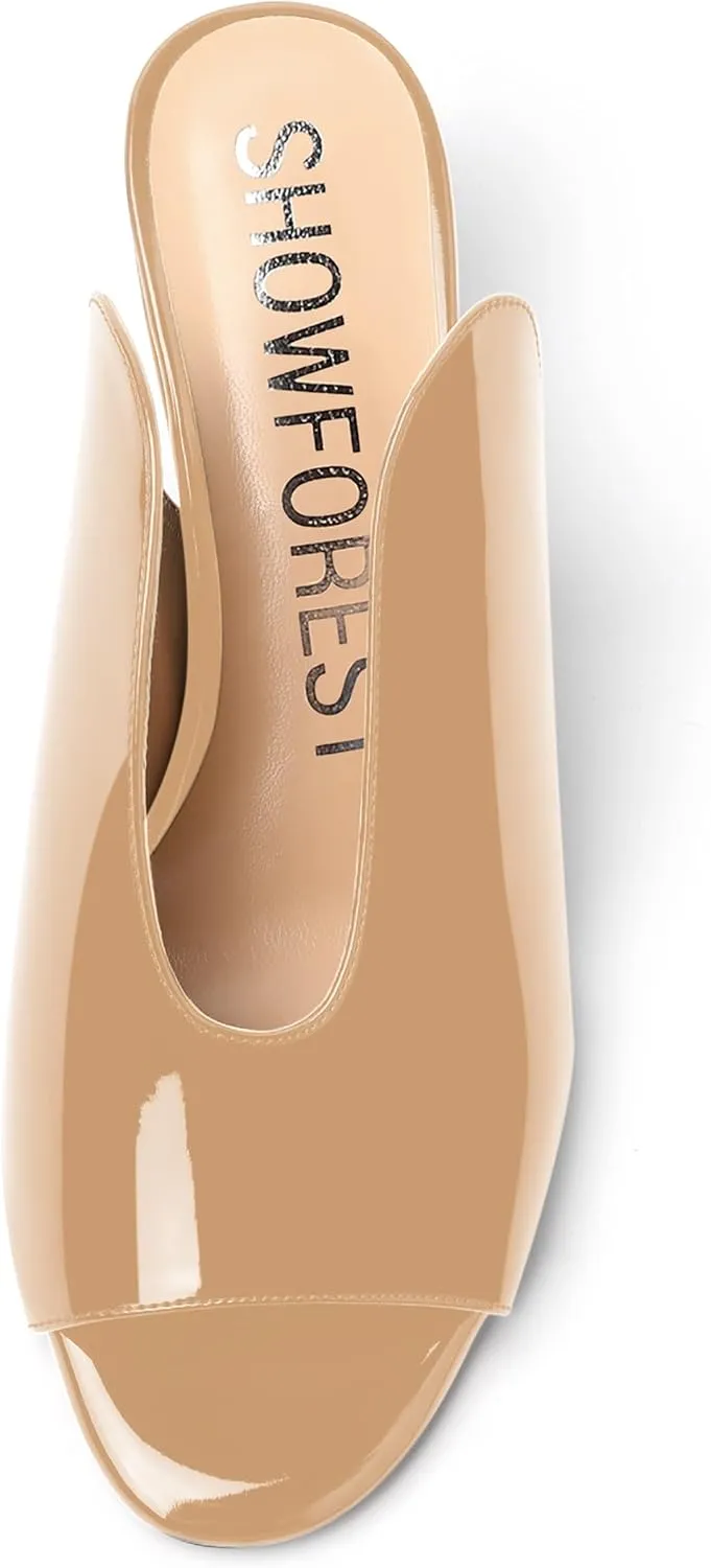 SHOWFOREST Women's Open Toe Casual Solid Slip On Outdoor Round Toe Patent Wedge Low Heel Pumps Shoes 2 Inch