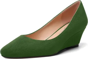 SHOWFOREST Womens Slip On Suede Solid Casual Outdoor Square Toe Wedge Low Heel Pumps Shoes 2 Inch