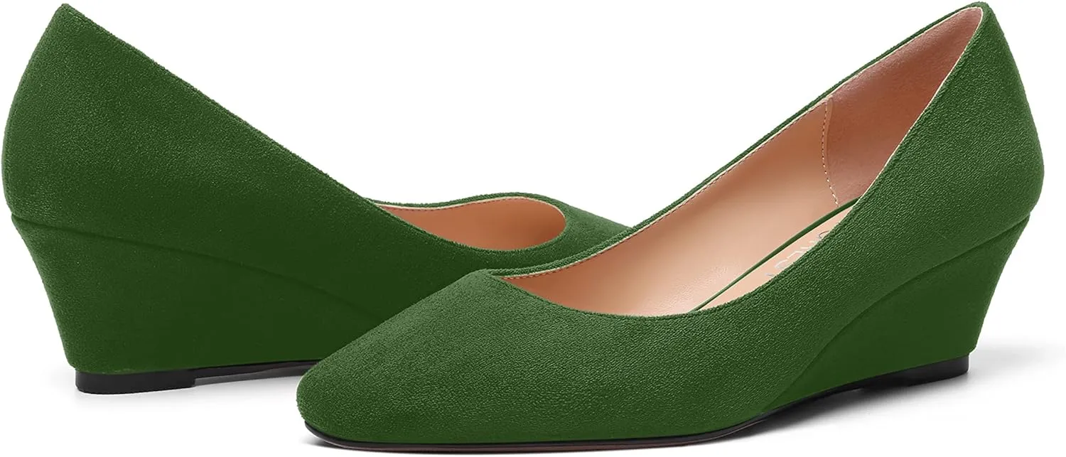 SHOWFOREST Womens Slip On Suede Solid Casual Outdoor Square Toe Wedge Low Heel Pumps Shoes 2 Inch
