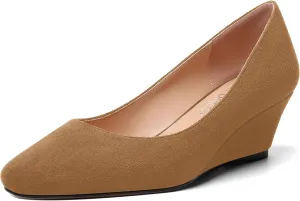 SHOWFOREST Womens Slip On Suede Solid Casual Outdoor Square Toe Wedge Low Heel Pumps Shoes 2 Inch