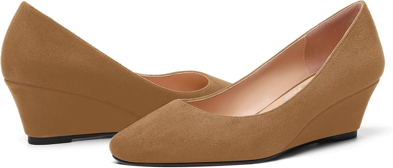 SHOWFOREST Womens Slip On Suede Solid Casual Outdoor Square Toe Wedge Low Heel Pumps Shoes 2 Inch